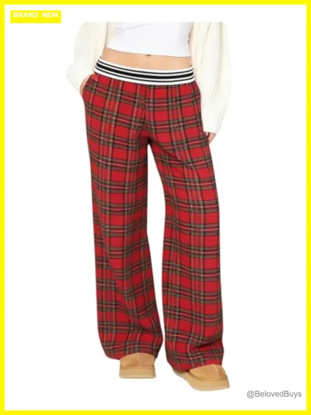 Plaid Lounge Pants Foldover Elastic Waist Pockets Comfy Flannel Pajama Bottoms